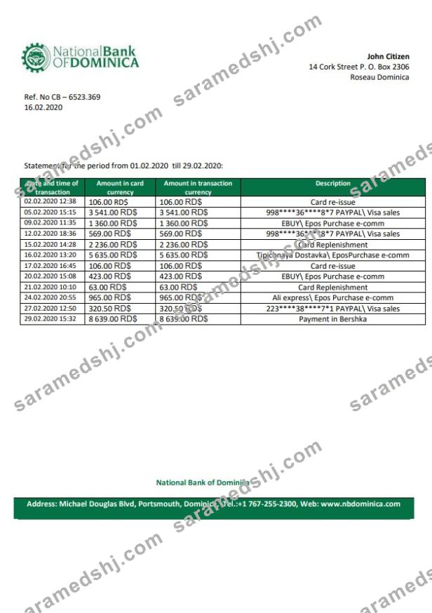 Dominica National Bank of Dominica bank statement